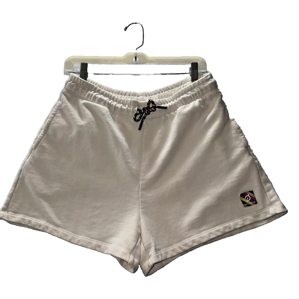 Peloton SU121 Sweat Shorts Womens L White Drawstring Rainbow Logo Cotton Blend